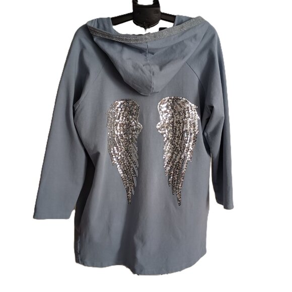 Tempo Paris Blue Sequin Angel Wing Hooded Open Front Cover Women’s Size M-L NWT - Picture 4 of 15
